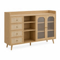Sideboard aus Holz mit Rattan und Wellglas