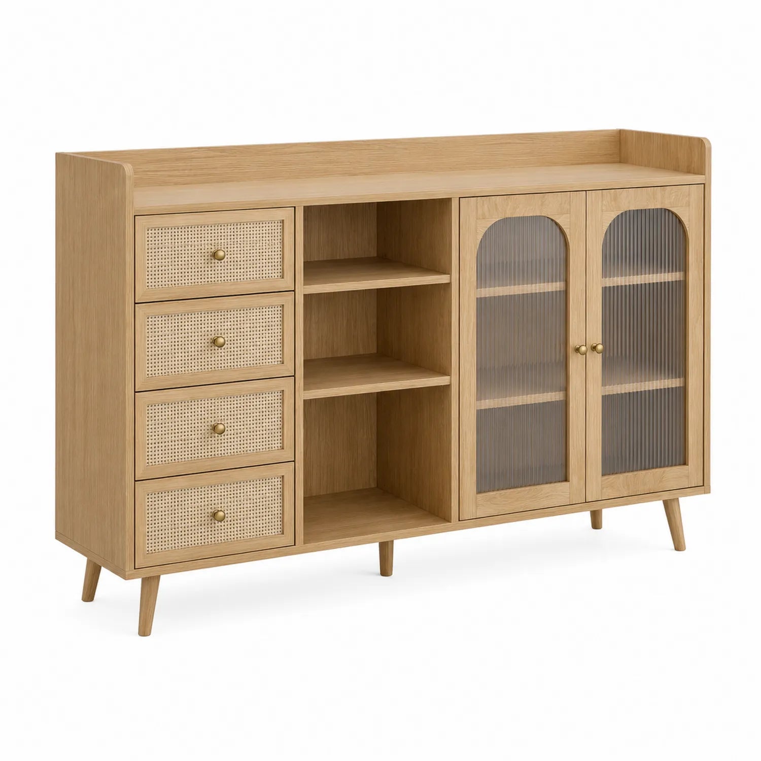 Sideboard aus Holz mit Rattan und Wellglas