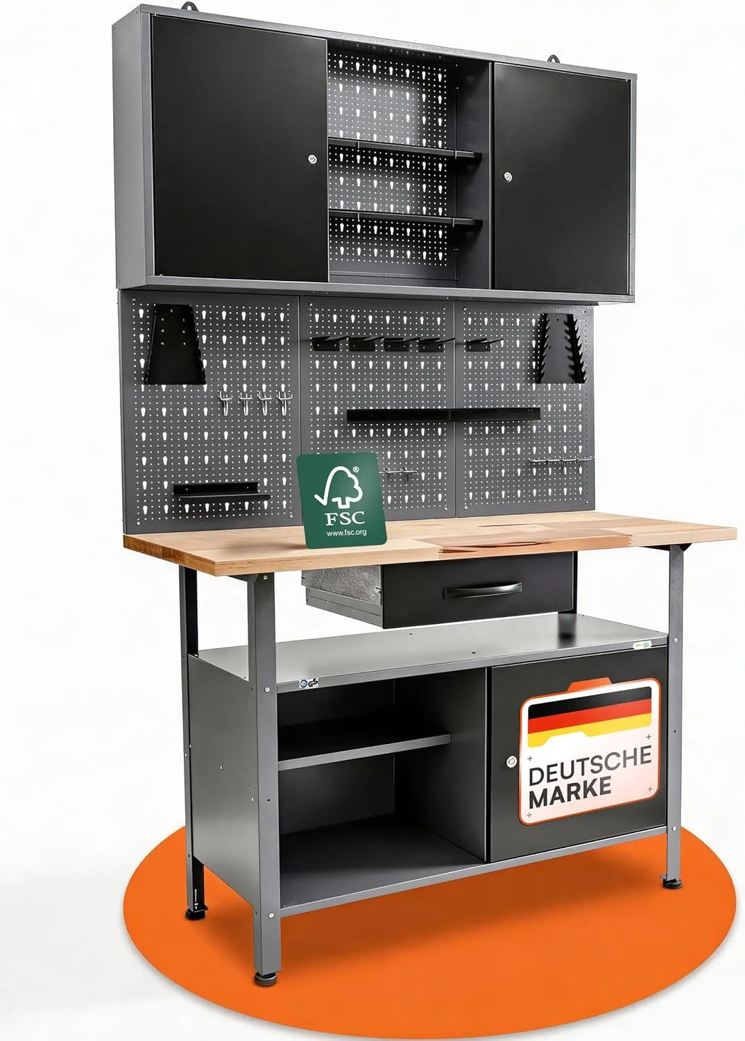 Ondis24 Werkstatteinrichtung Klaus – mit Lochwand, aus Metall, 85 cm, für Werkstatt und Heimwerken, schwarz