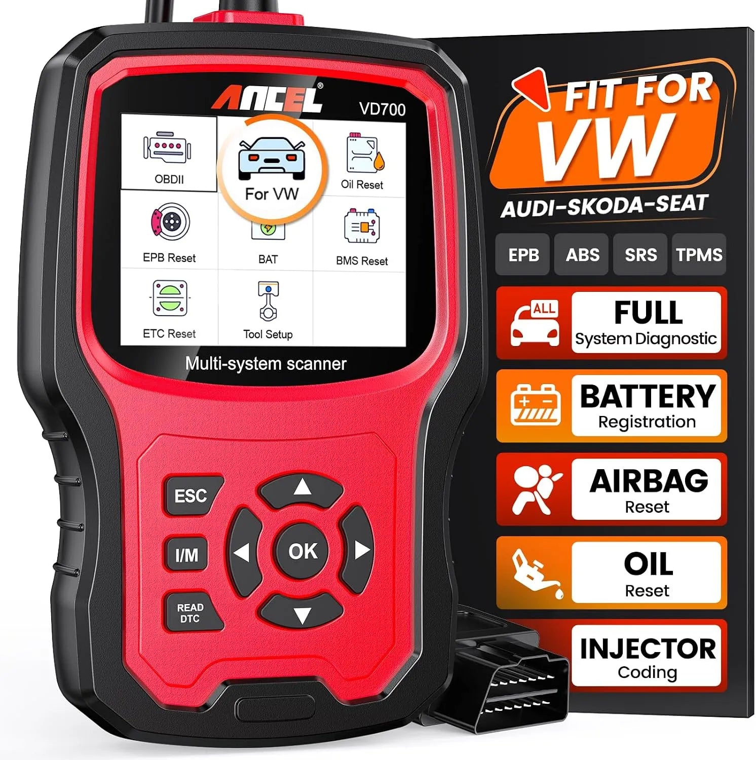 VD700 OBD2 Diagnosegerät zum Auslesen von Fahrzeugdaten und Erkennen gespeicherter Fehler für VW/Audi/Skoda/Seat, BJ2002-2020 8 Reset, ANCEL VD700