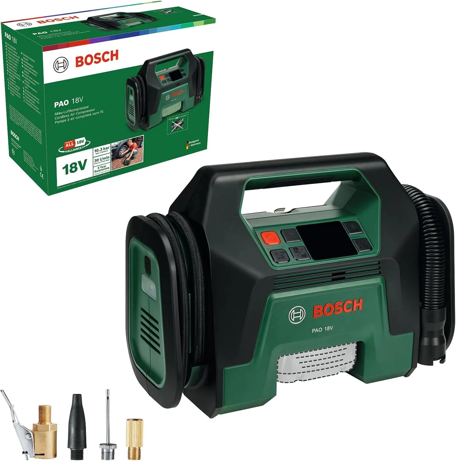 Bosch Akku-Kompressor PAO 18V zum Aufpumpen von Reifen bis hin zu, Akku-Betrieb