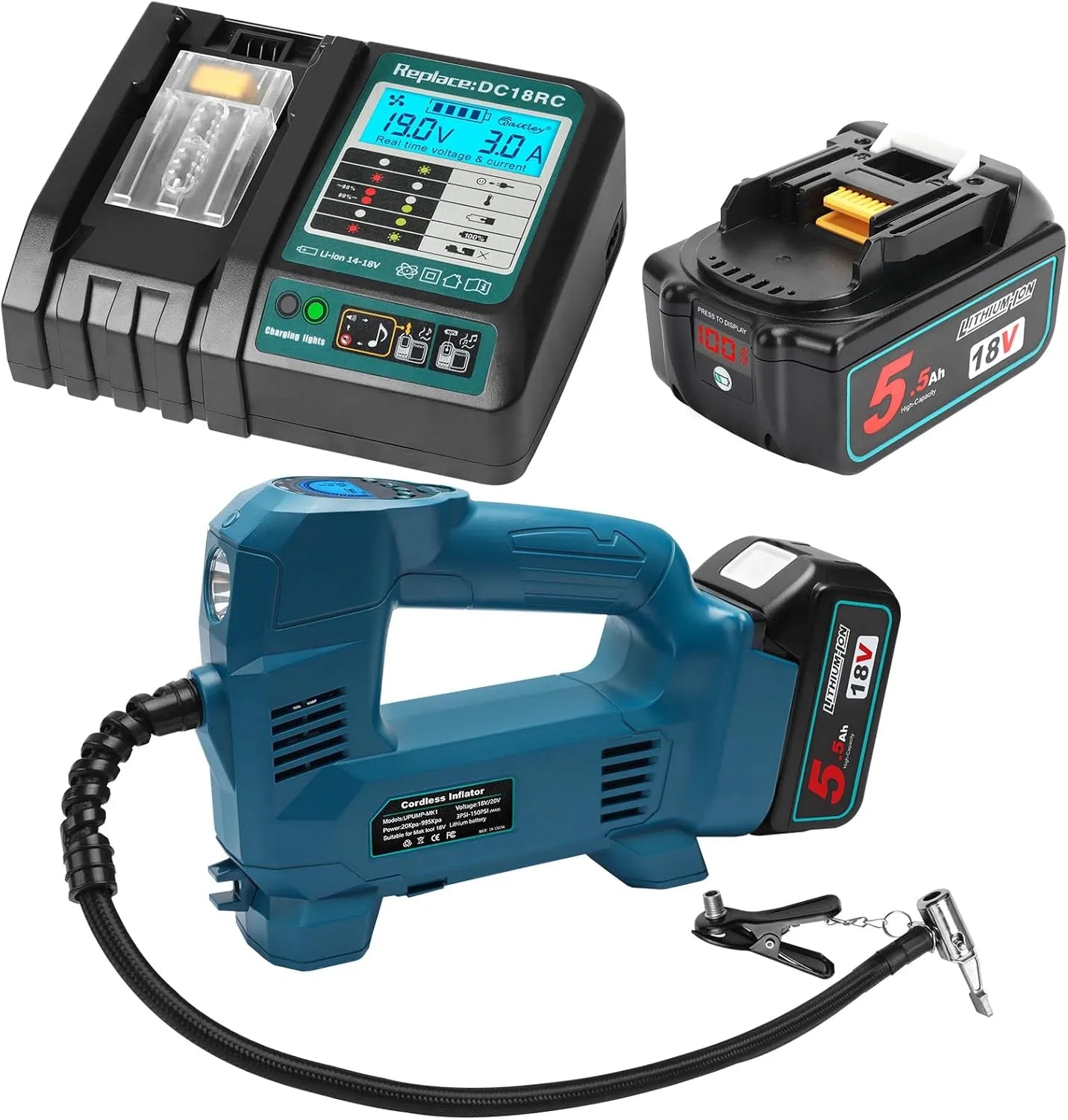 Makita Powarobor Akku Kompressor zur Druckluftversorgung von Werkzeugen und für Werkstattaufgaben Kompatibel mit mit 2 Stück 18V 5.5Ah – Akku-Betrieb