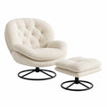 Drehbarer Sessel und Hocker Set, Bouclé Stoff, Creme
