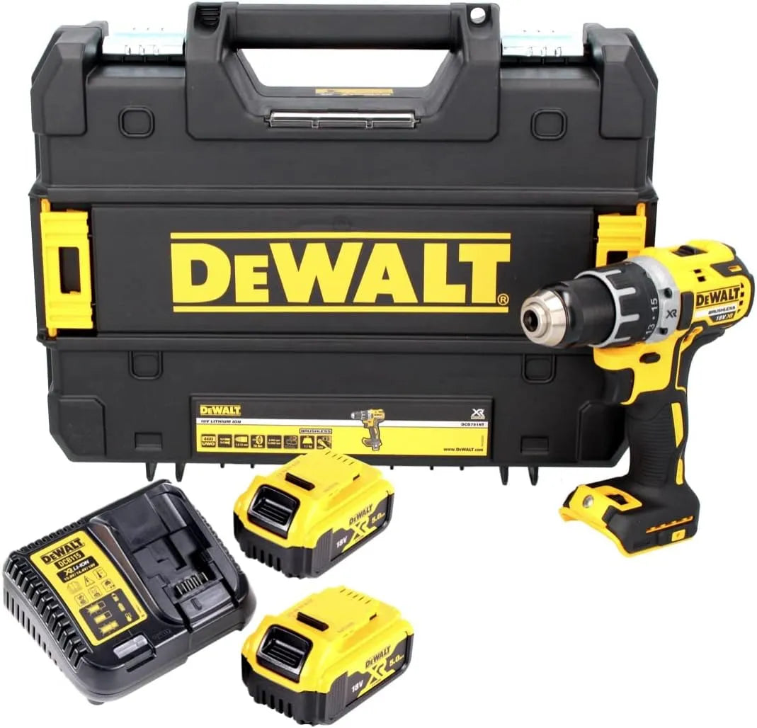DeWalt 18 DCD791P2 18 Volt 2-Gang Akku Bohrschrauber DCD791P2 Bürstenloser Motor, Akku-Betrieb, 70 Nm, 5 Ah, für Metallbearbeitung