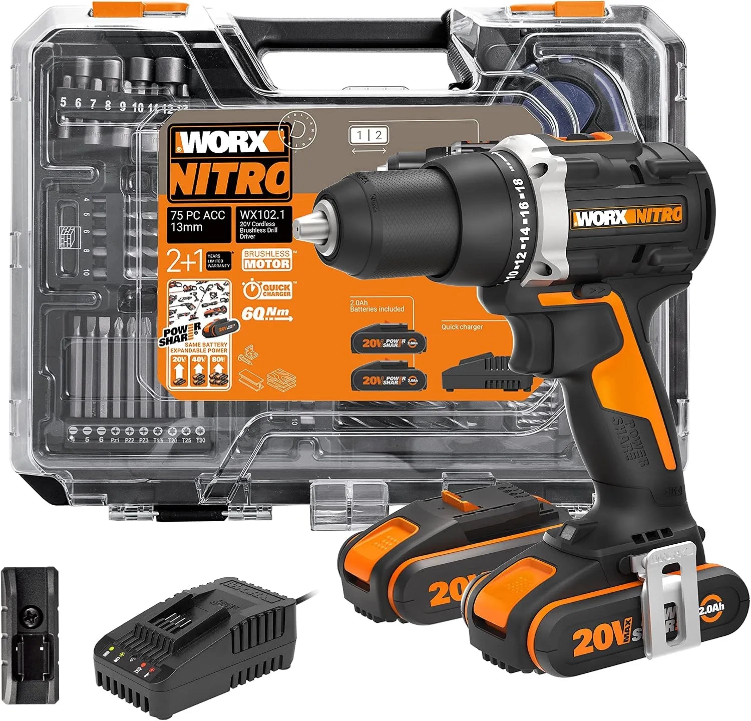 WORX NITRO WX102 NITRO 18V, 20V MAX Akku-Bohrschrauber WX102.1: Akku-Betrieb, bürstenloser Motor, Drehzahlregelung, LED-Anzeige, 75-teiliges, 60Nm