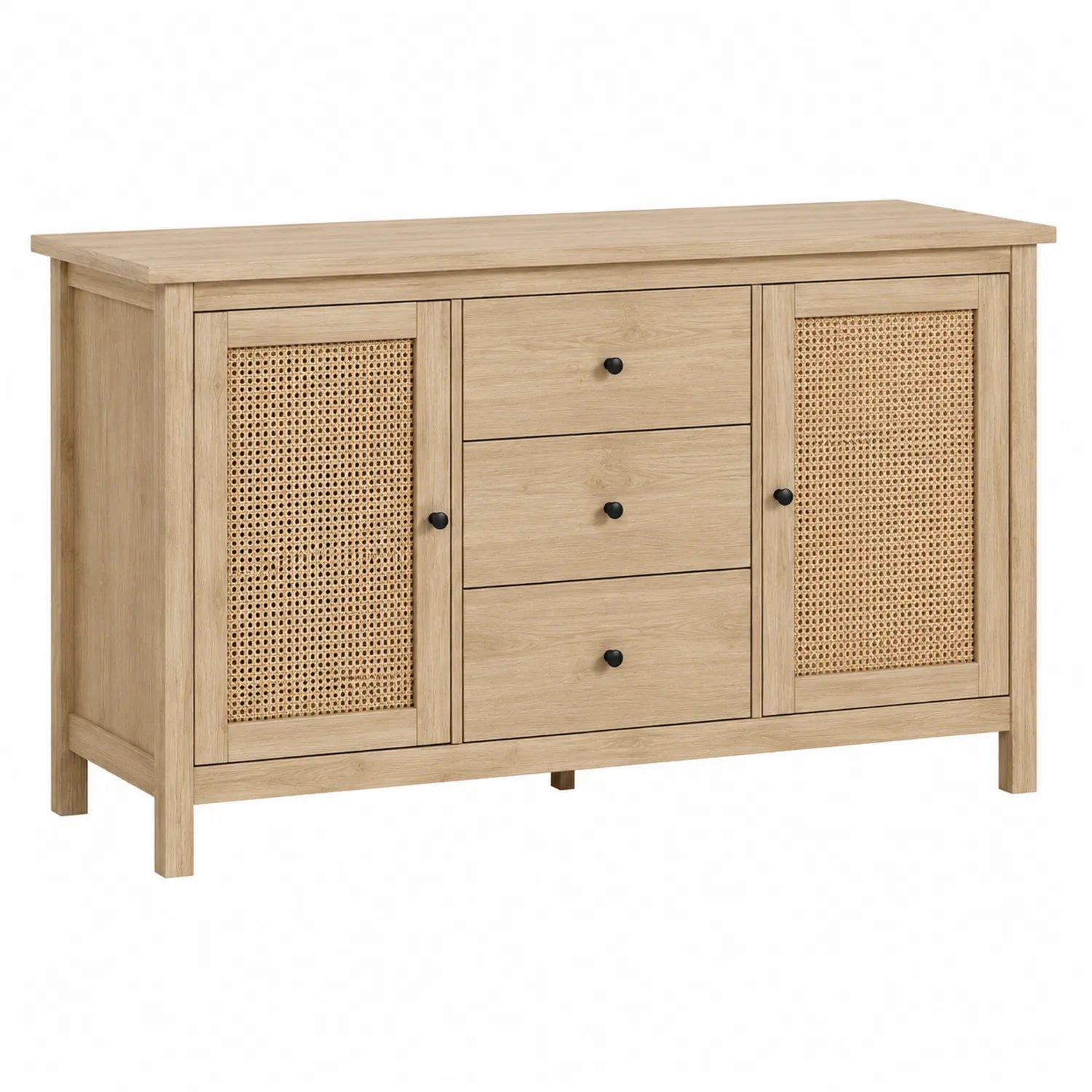 Sideboard MDF Eichenoptik Rattan mit Schubladen und Türen 120x40x80cm