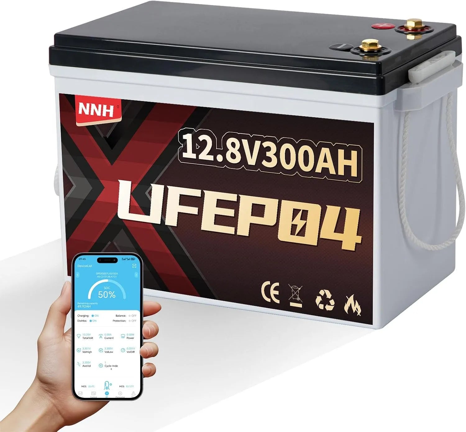 NNH Lifepo4 LiFePO4-Batterie und Solar-Speicherbatterie, 300AH, solarbetrieben, mit BMS, für Zyklenbetrieb, 12V, 200A