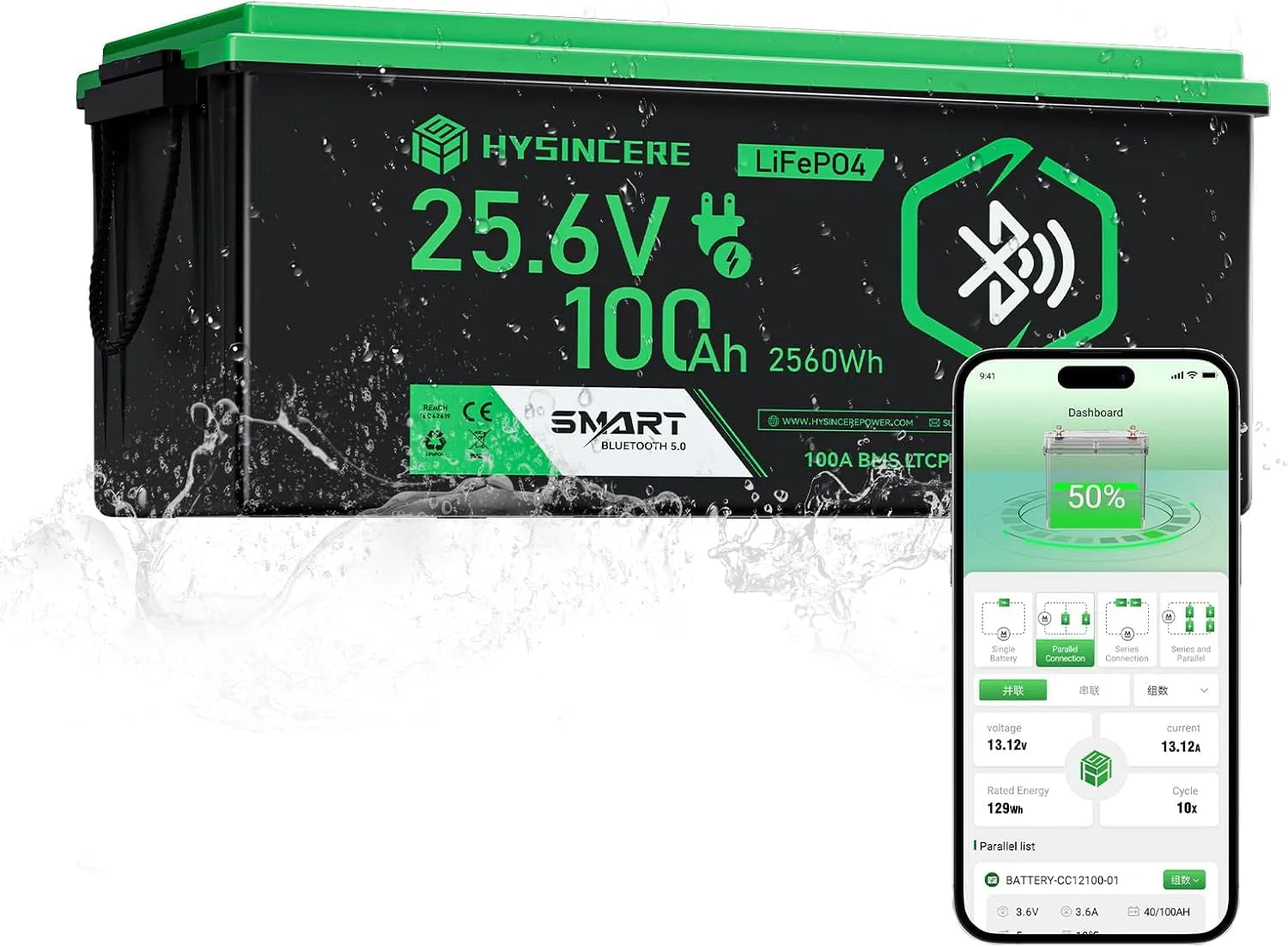 LiFePO4 LiFePO4-Batterie und Solar-Speicherbatterie, 100 Ah, solarbetrieben, mit BMS, mit Bluetooth, 24 V, 100A