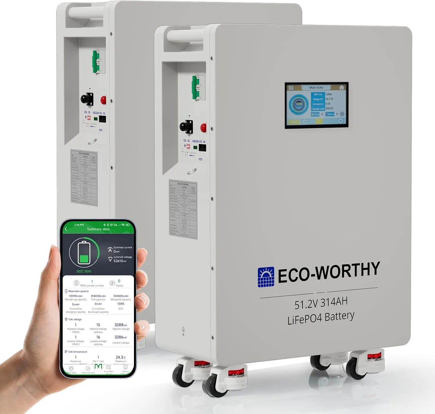 ECO-WORTHY LiFePO4 LiFePO4-Batterie und Solar-Speicherbatterie, solarbetrieben, 314Ah, 32,2kWh, 48V, 200A, mit BMS