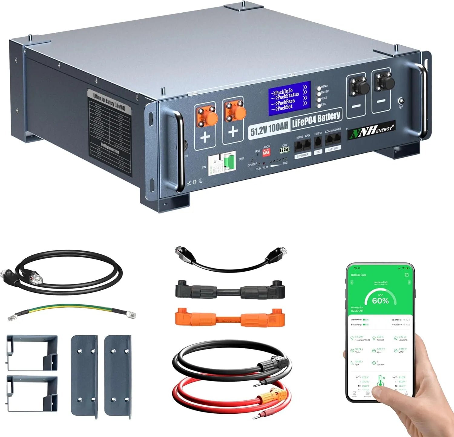 LiFePO4 LiFePO4-Batterie und Solar-Speicherbatterie, 100AH, 48V, solarbetrieben, mit BMS, mit Bluetooth, für netzunabhängige Solaranlagen