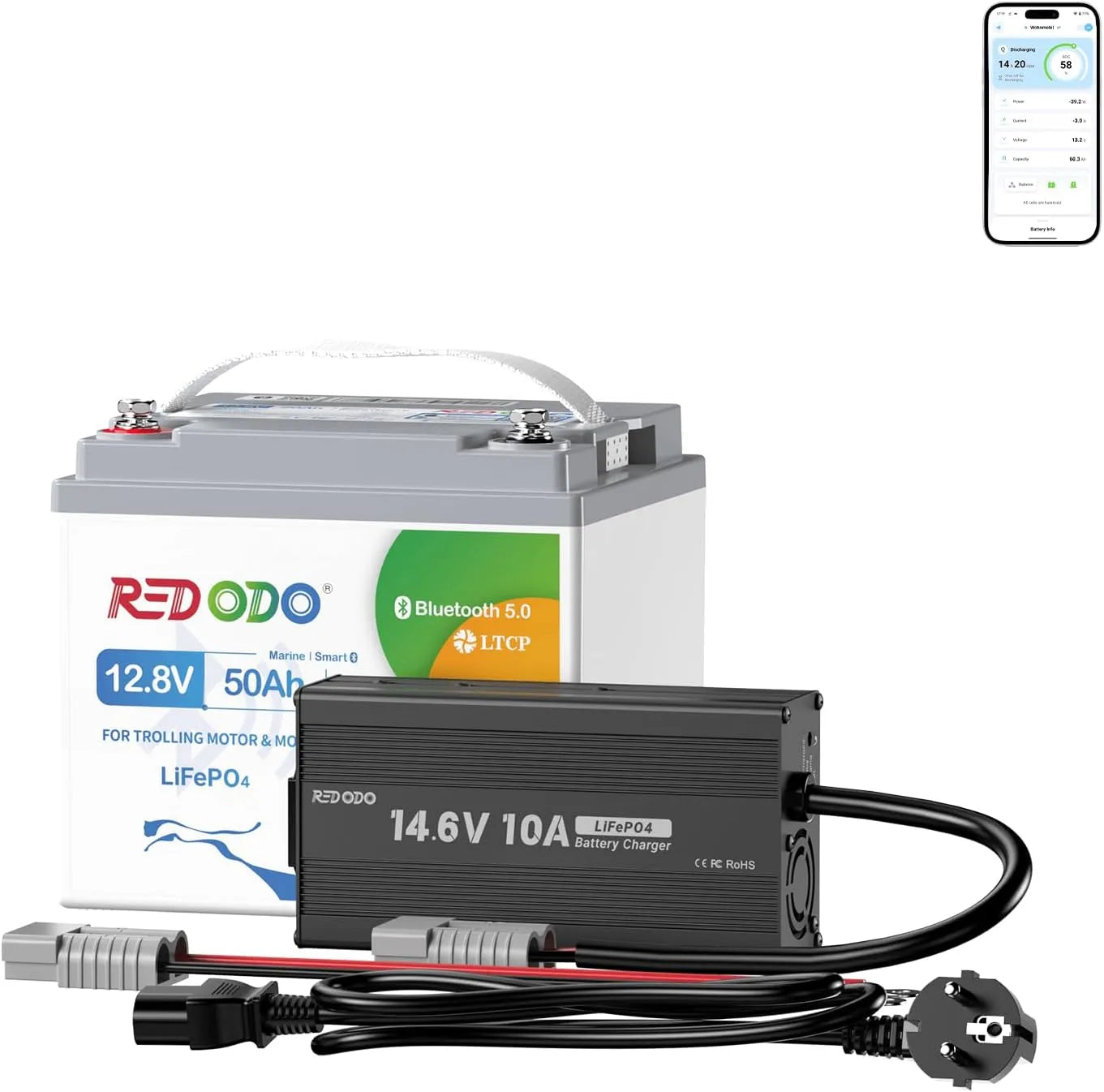 LiFePO4 LiFePO4-Batterie und Solar-Speicherbatterie, 50Ah, 12V, für Boot und Bordstrom, solarbetrieben, mit Bluetooth, 14,6V