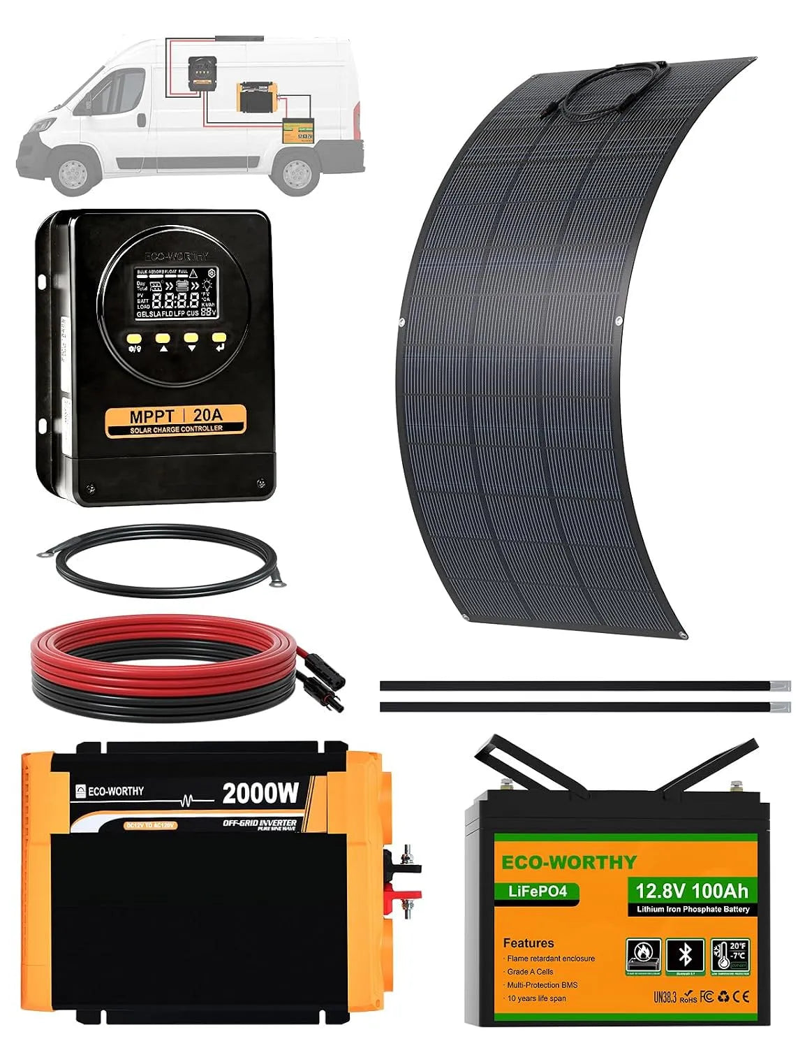 ECO-WORTHY LiFePO4Batterie Solarmodul und Photovoltaikpanel, 200W, 2000W, 1280WH, 100Ah, flexibel, mit MPPT-Regler