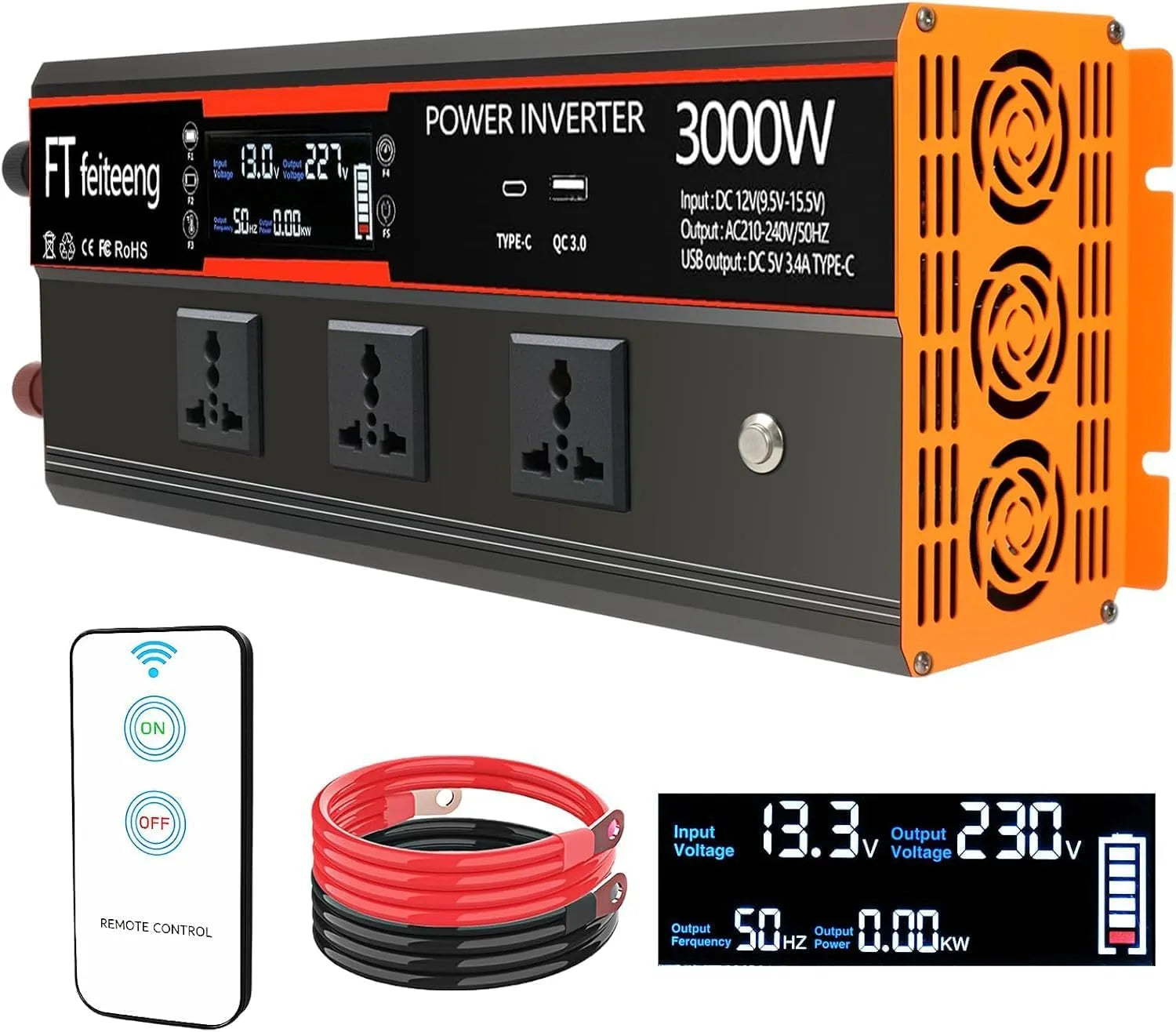 DC-AC-Wechselrichter und Spannungswandler, mit USB-C, 3000W, 12V, 230V, für Camping und Wohnmobil