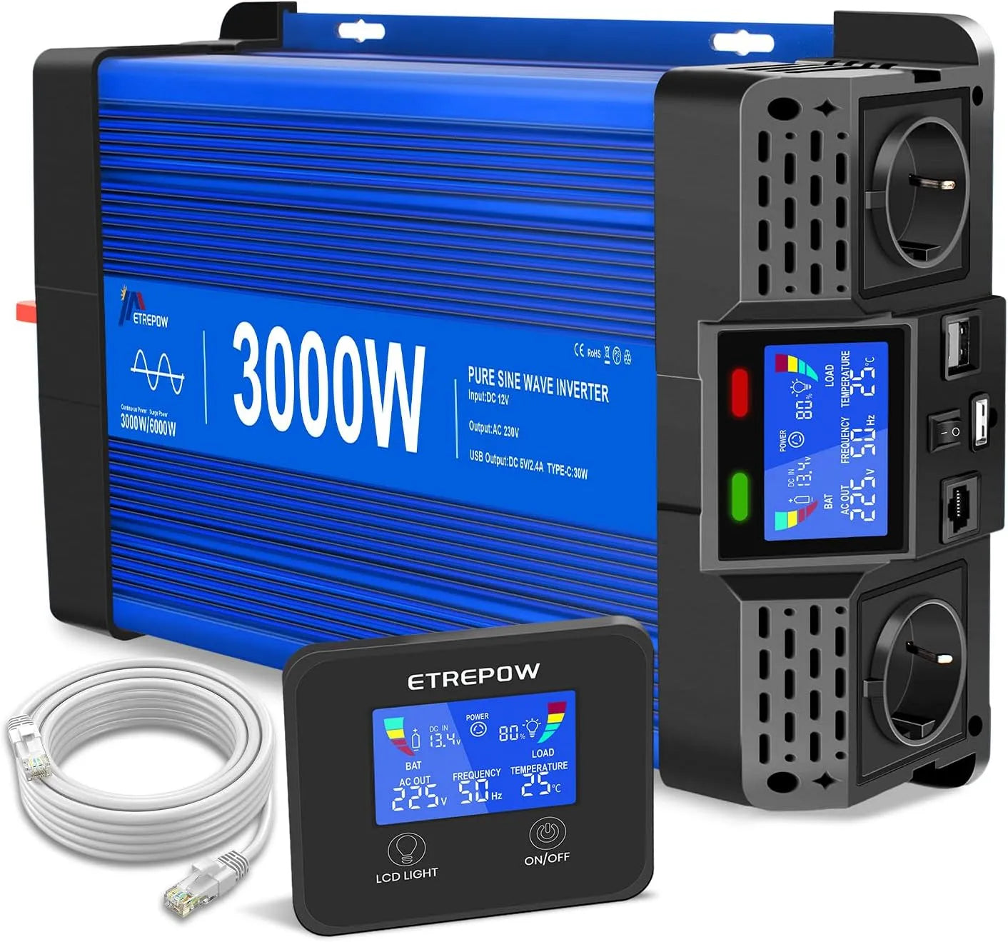 DC-AC-Wechselrichter und Spannungswandler, 3000W, 12V, 230V