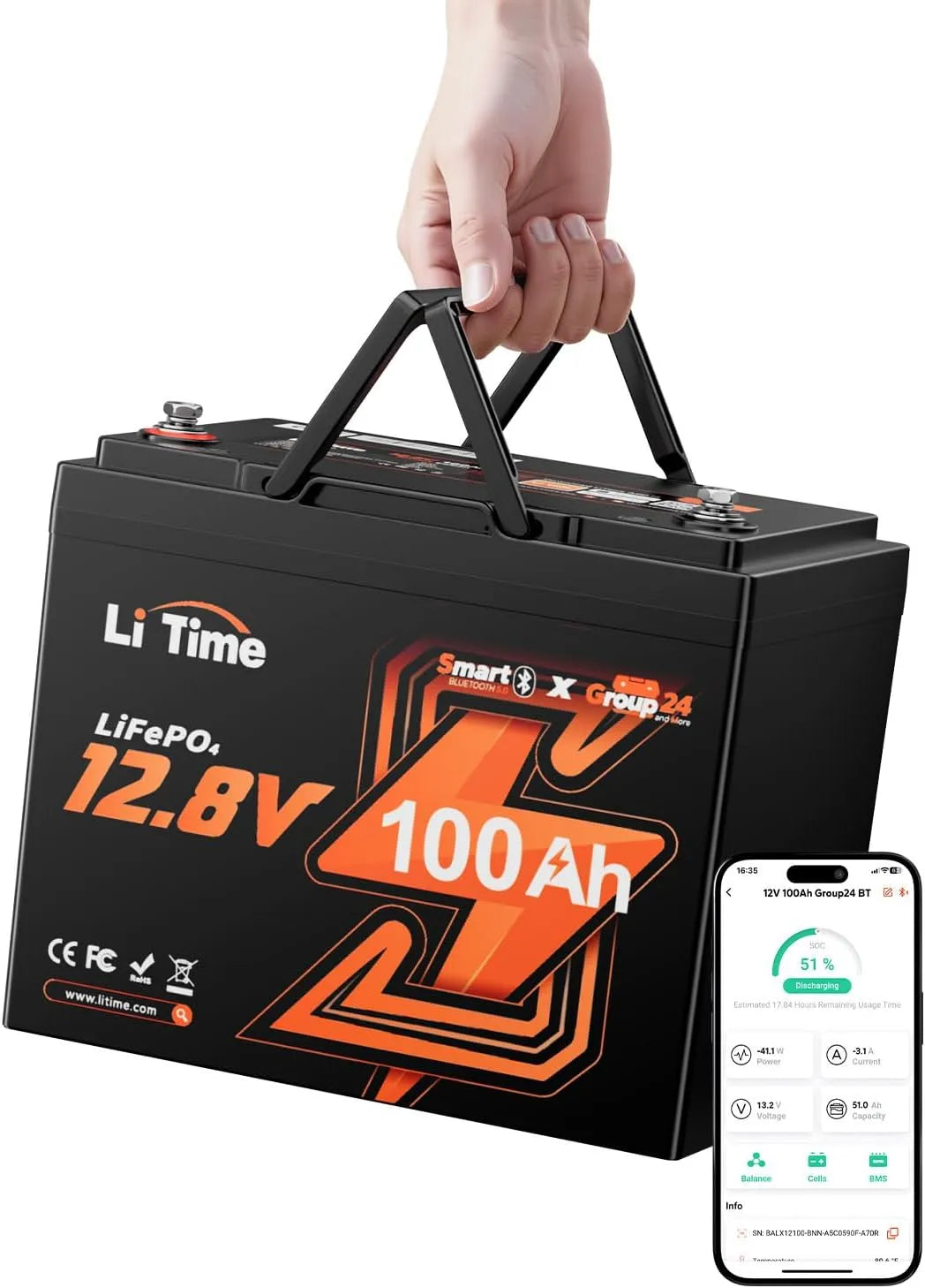 LiTime LiFePO4 LiFePO4-Batterie und Solar-Speicherbatterie, solarbetrieben, 100Ah, 1280Wh, 12V, 500A, mit BMS