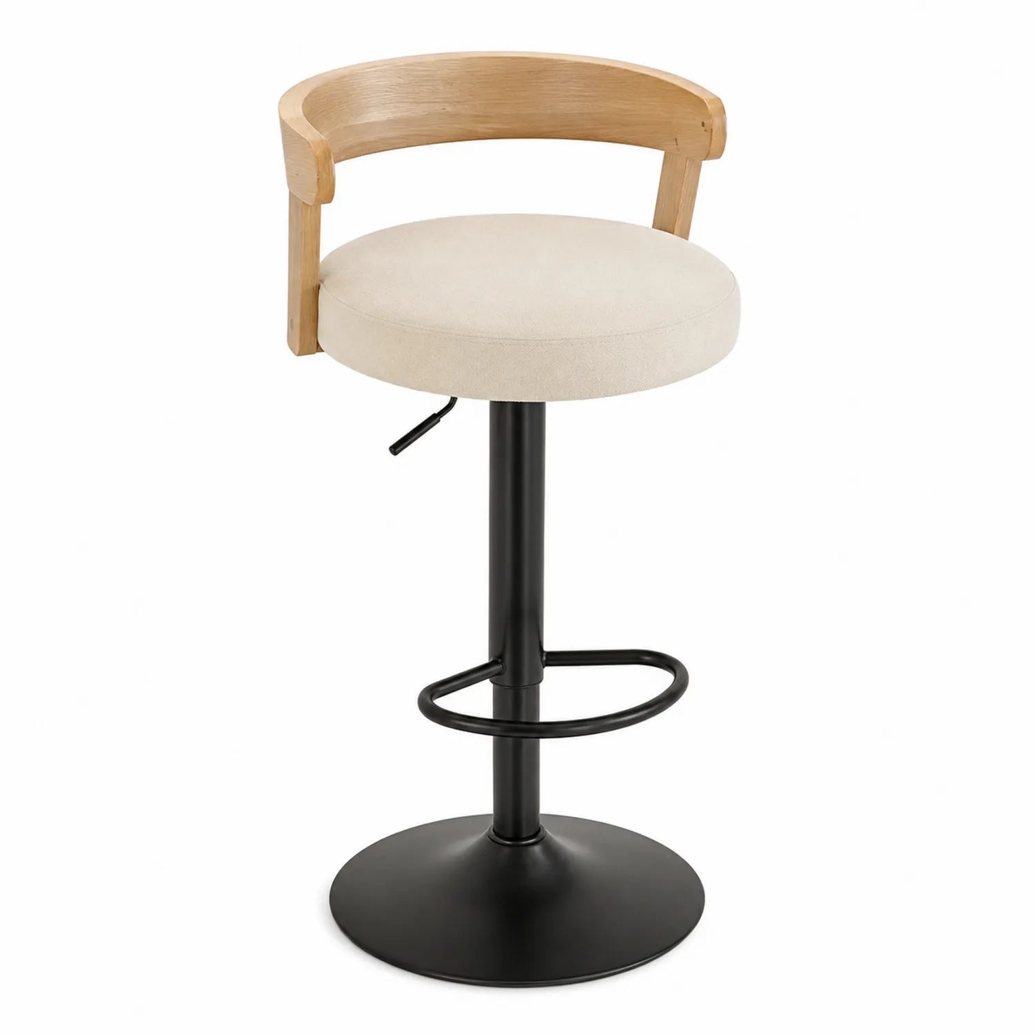 Höhenverstellbarer Barhocker mit Holzlehne und Polyesterbezug, Schwarz/Beige