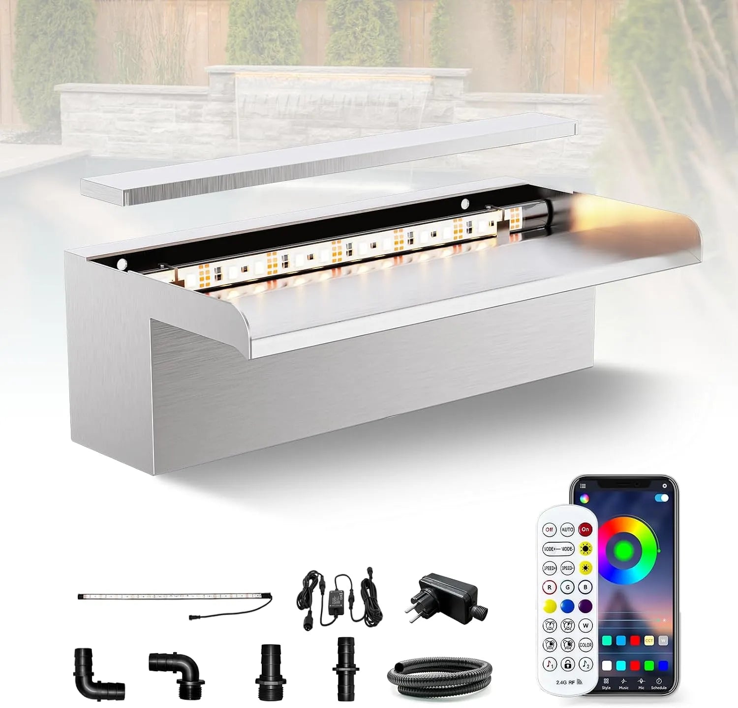 304 Edelstahl Pool Wasserfall Brunnen mit RGB Bluetooth LED und Fernbedienung, Breite 15cm, Longrun 30cm Teich Wasserfall Set