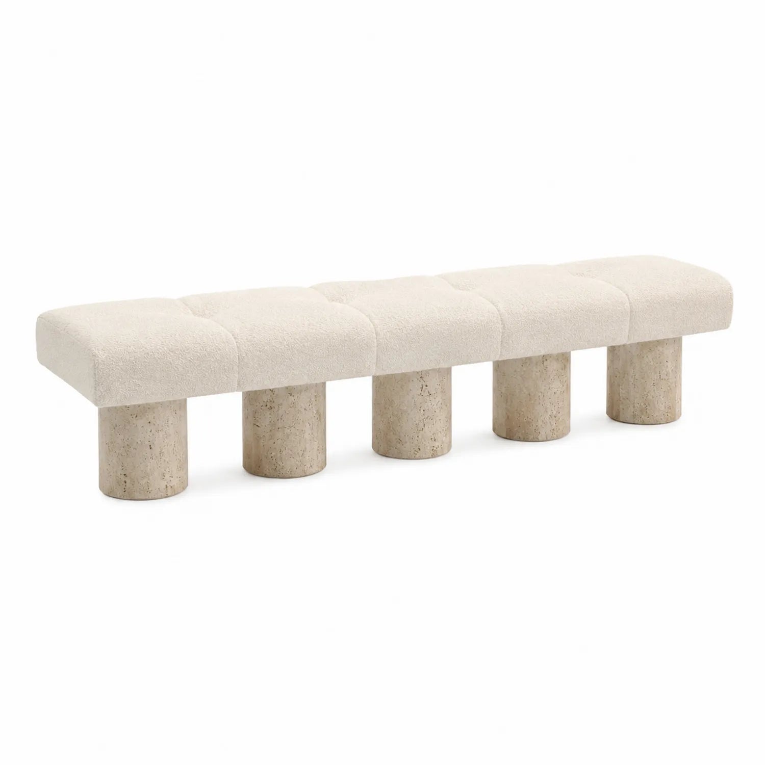 Bouclé-Polsterbank mit Travertinbeinen, Creme, 200 x 40 x 45 cm