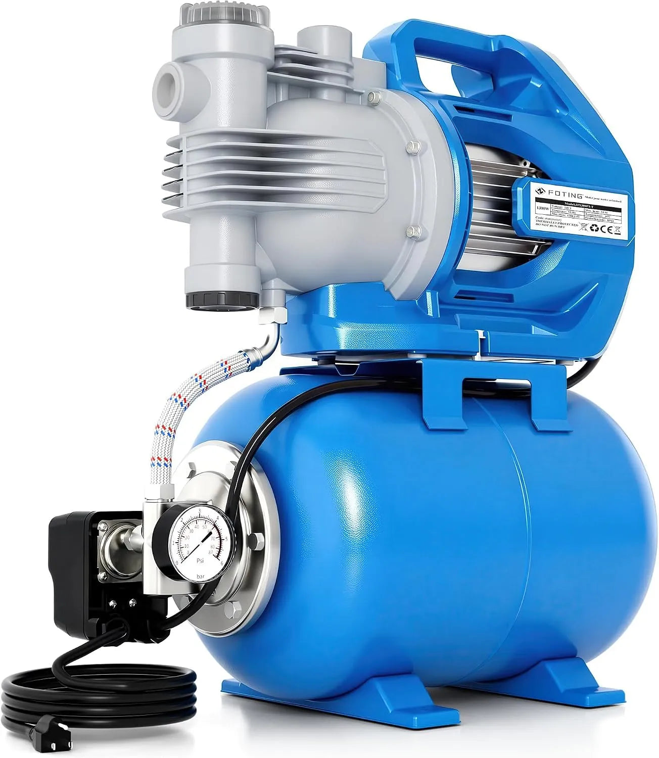 Hauswasserwerk und Garten-Druckpumpe, 6500 l/h, 1300 W, 5,3 bar, 55 m, für Gartenbewässerung