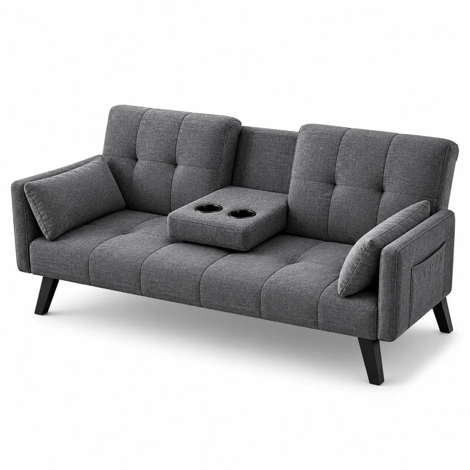 Zweisitzersofa Stoff Dunkelgrau mit Getränkehaltern