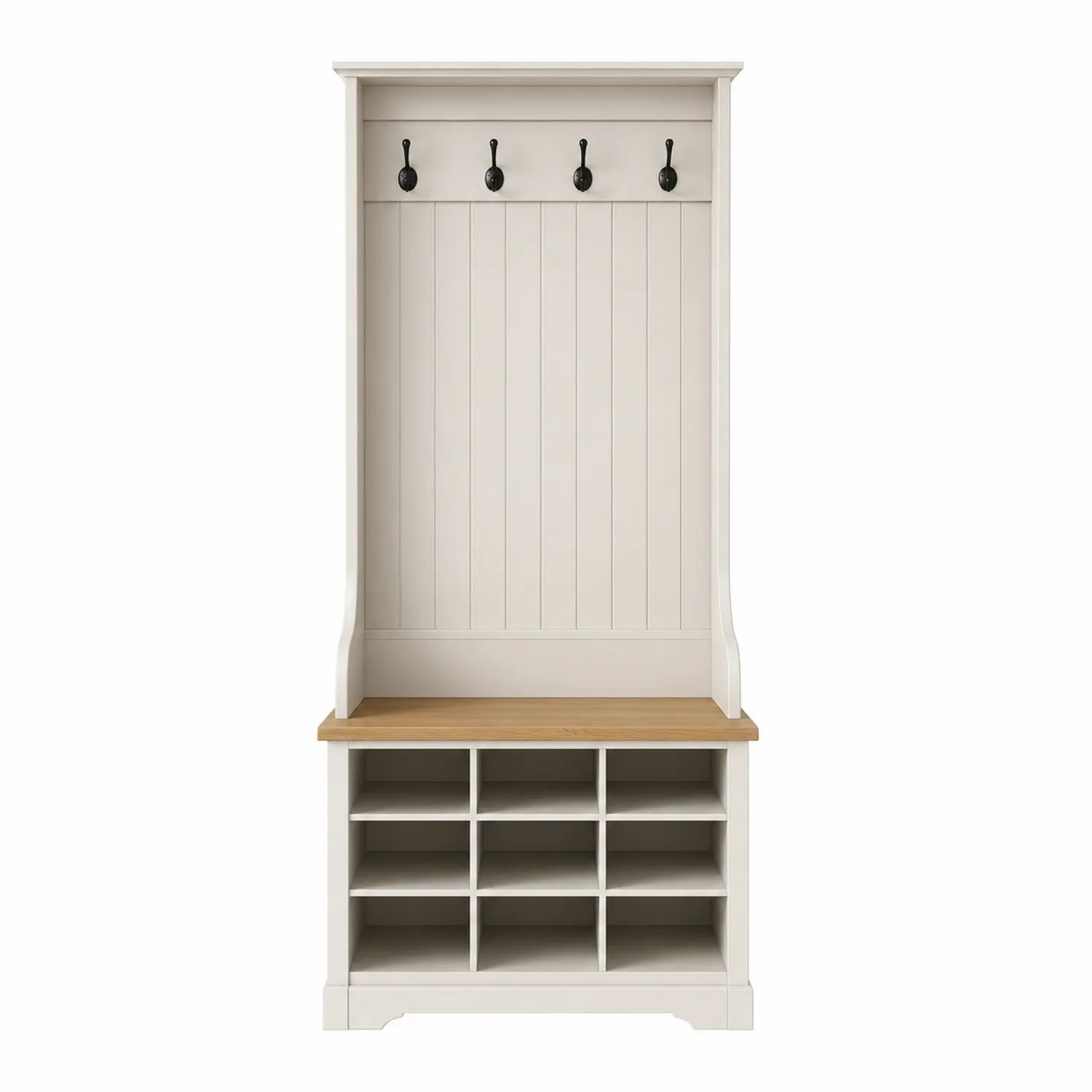 Weiße Garderobe aus MDF mit Eiche Obenfläche, 5 Haken und 10 Fächern