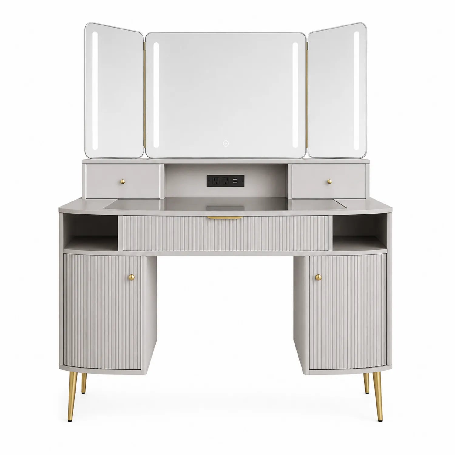 Schminktisch aus MDF und Metall mit Spiegel und LED Licht Grau