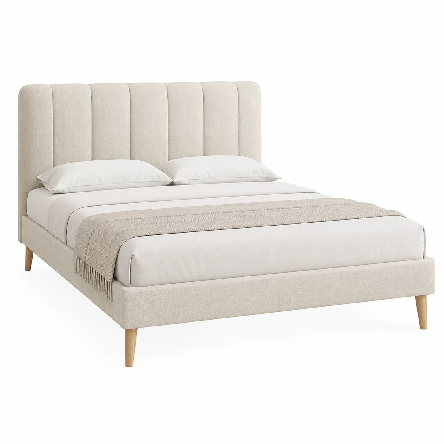 Doppelbett mit Stoffbezug und Holzbeinen