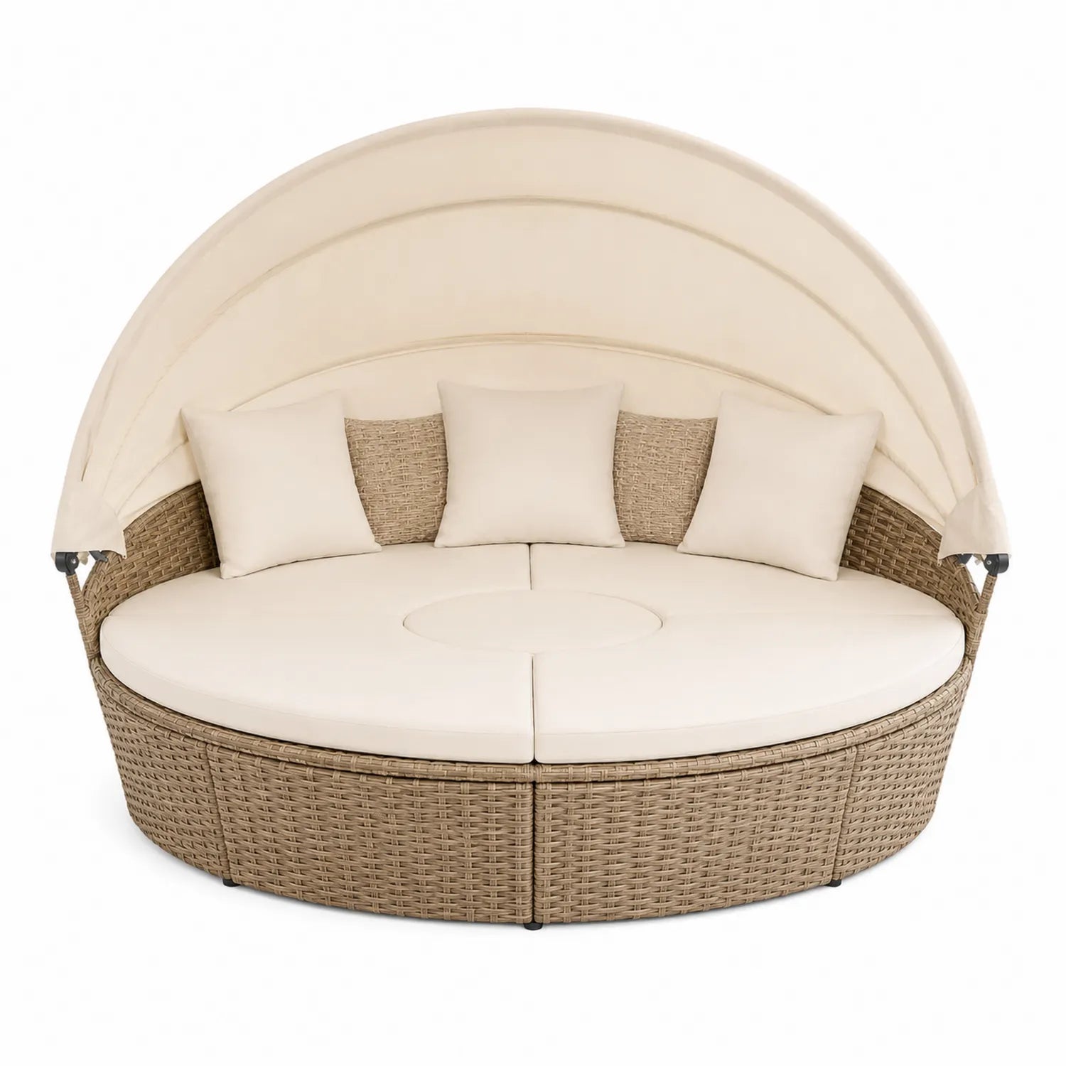 Rundes Gartentagesbett aus Polyrattan mit Verstellbarem Dach in Beige