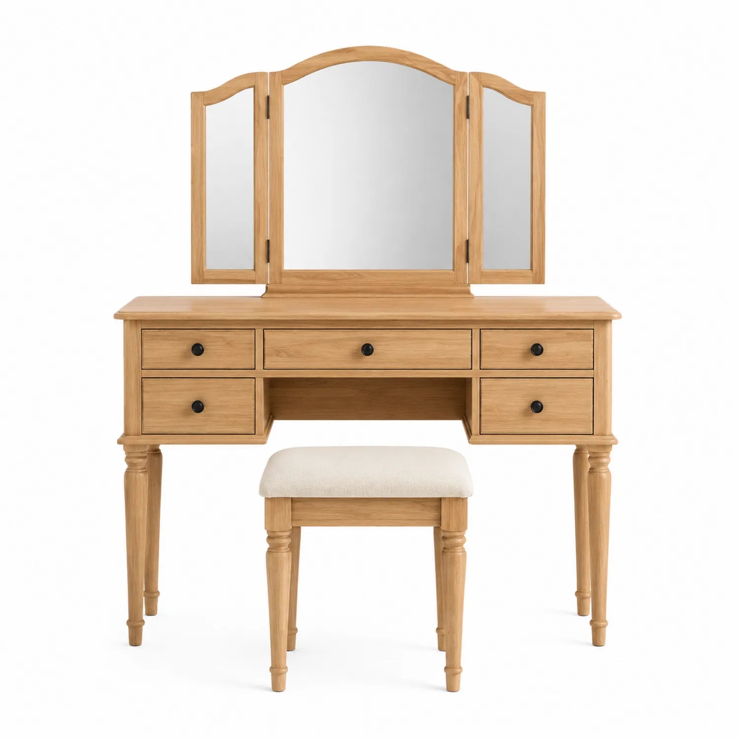 Frisiertisch Set aus Eichenholz mit Hocker und Spiegeln, Natur, 5 Schubladen