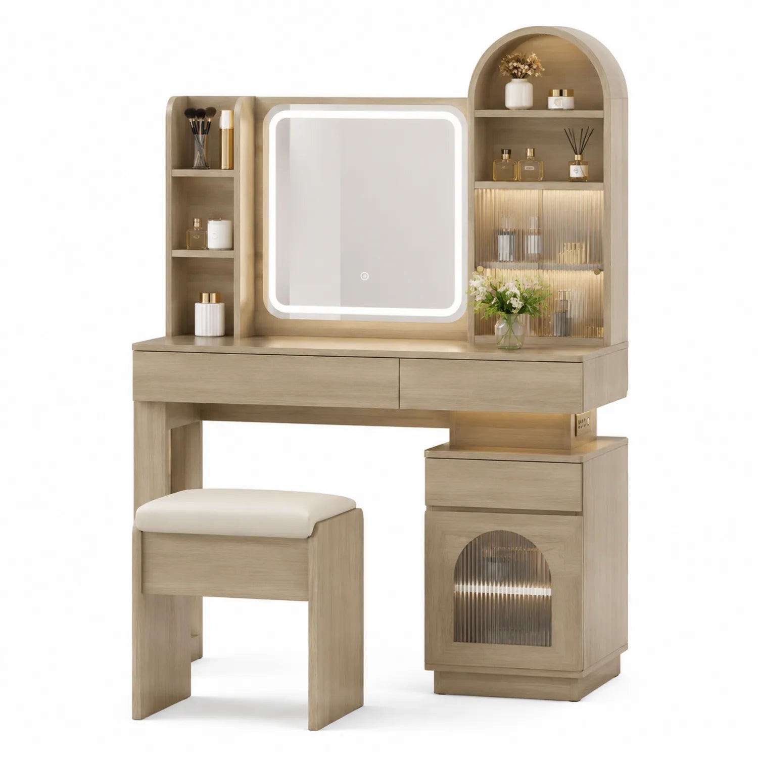 Schminktisch Set Holz mit LED-Spiegel und Hocker Eiche Beige