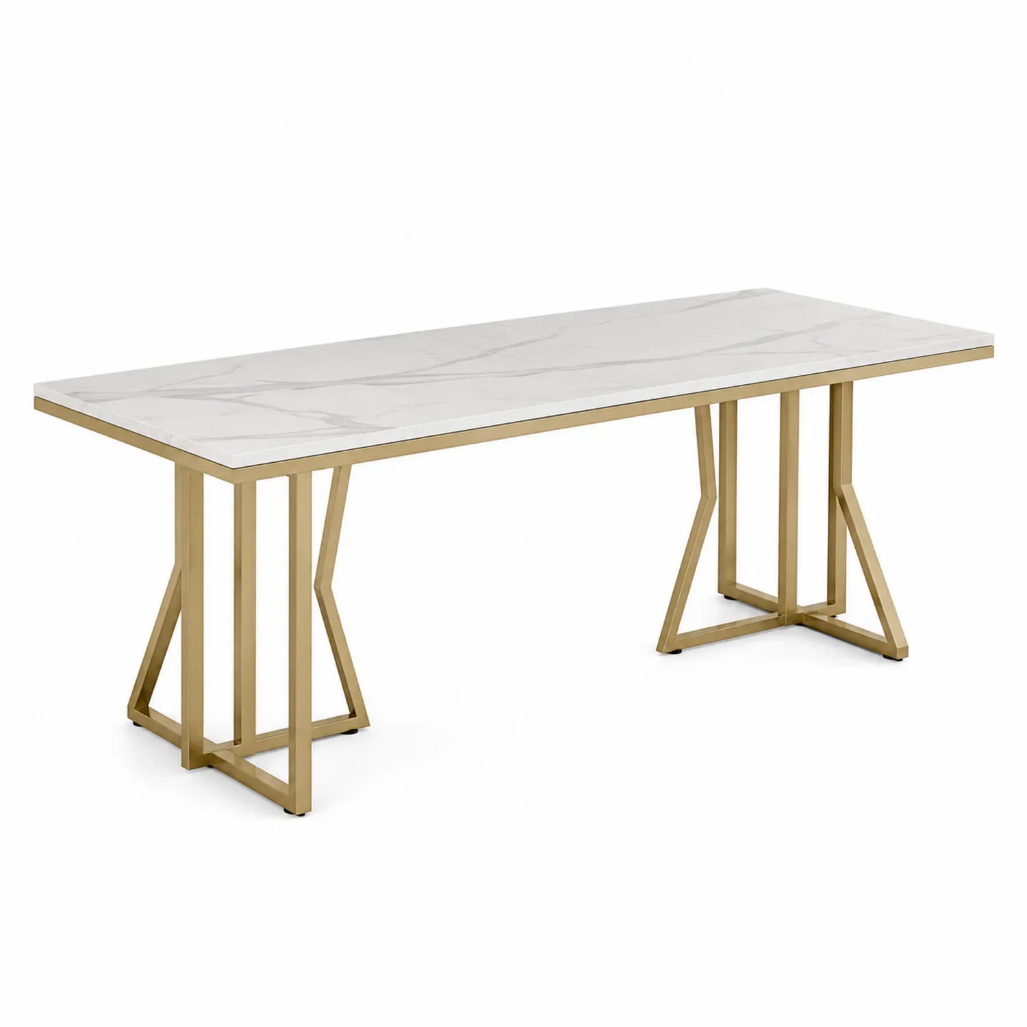 Rechteckiger Esstisch aus Marmoreffekt und Edelstahl in Weiß und Gold 200x90x75 cm