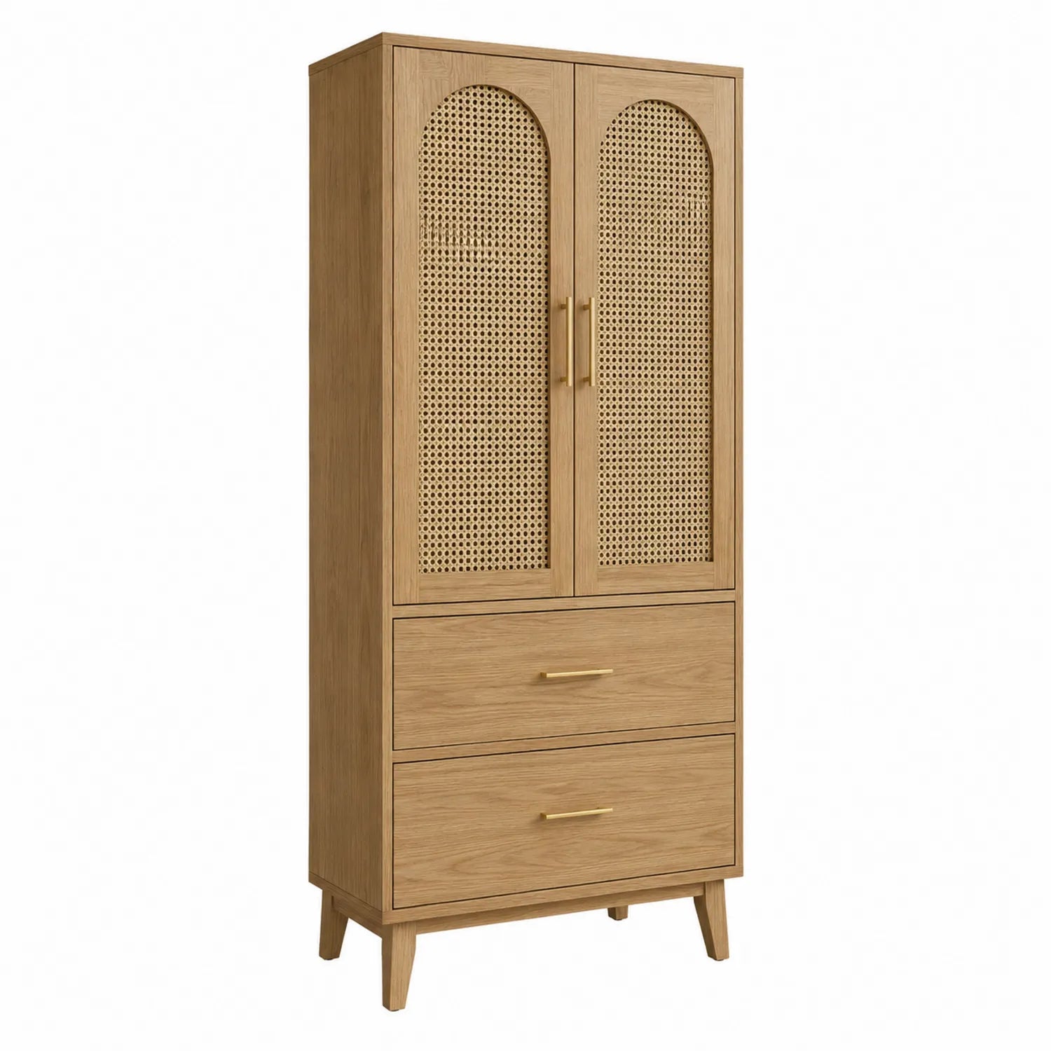 Schrank mit Rattan-Türen und Schubladen aus Eichenholz
