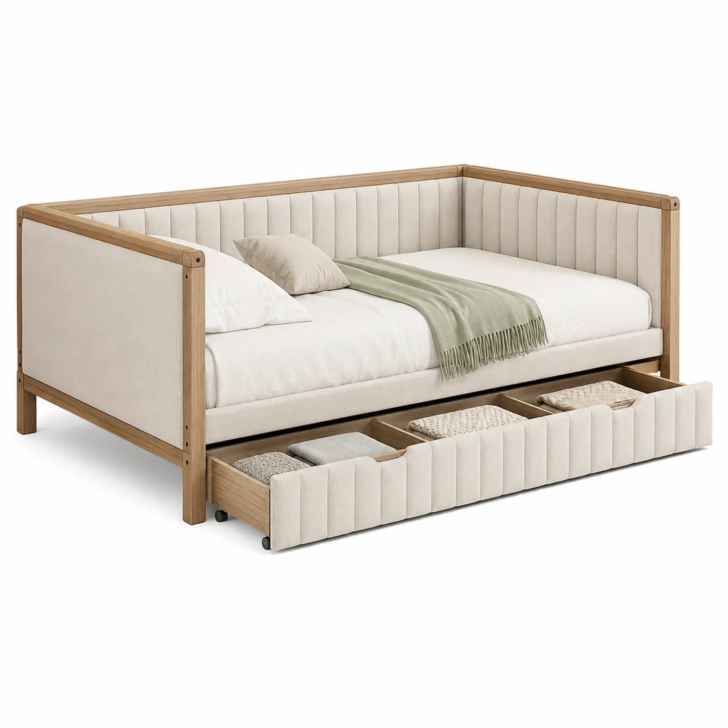 Tagesbett mit Stauraum aus Holz und Stoff Beige 200x90 cm
